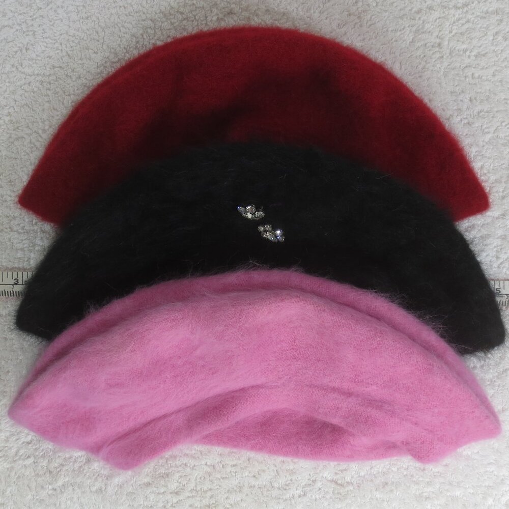 A. Brod Hats Lot of 3 Berets Black Pink Wine Vintage Angora Wool Blend Caps OSM